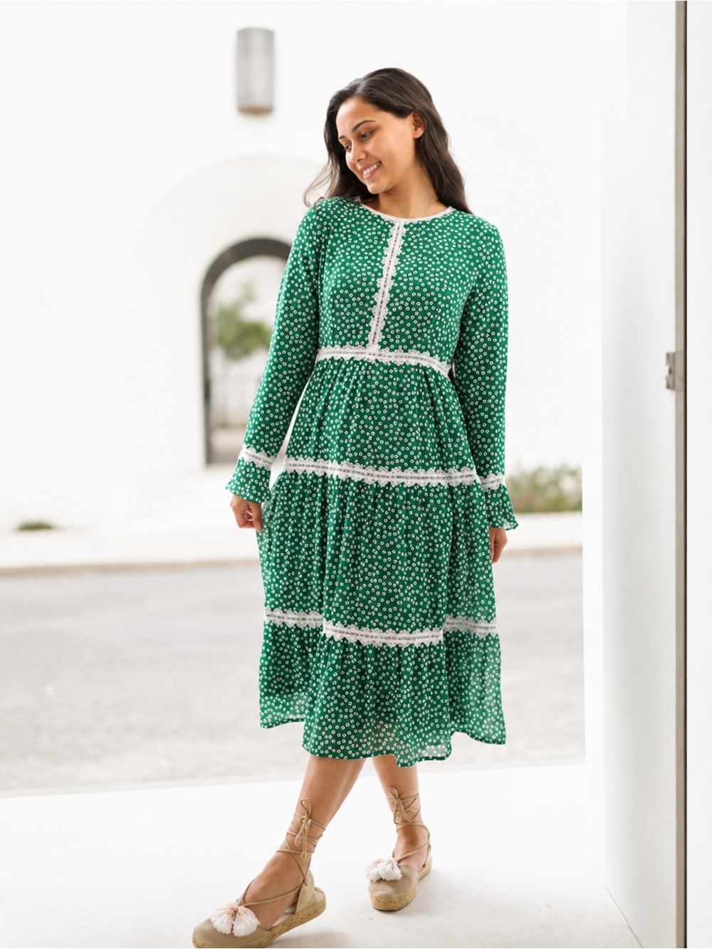 Women's Green Polka Dot Tiered Midi Dress with Lace Trim